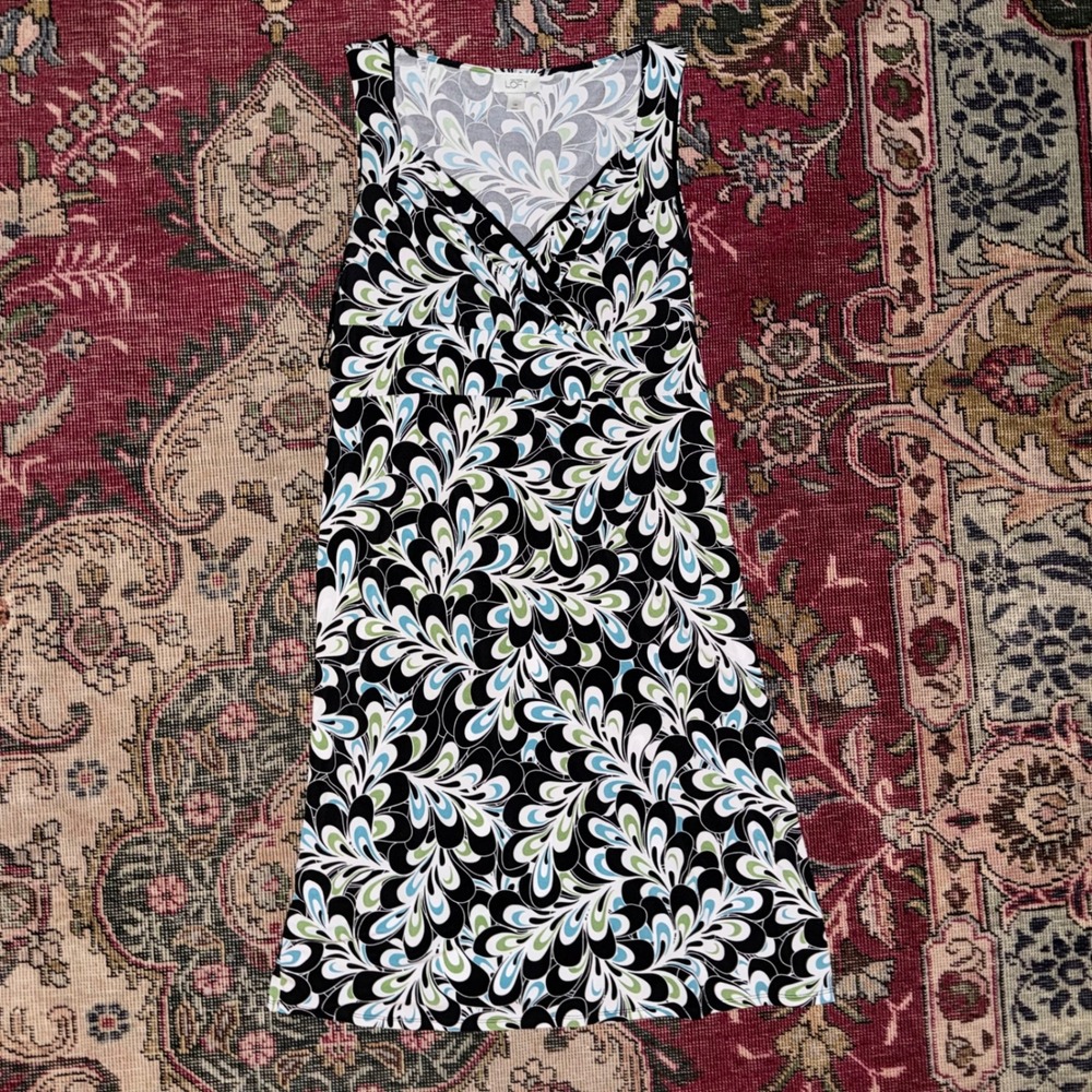 Ann Taylor LOFT Faux Wrap Dress Womens 10 Black Green Blue Paisley Excellent